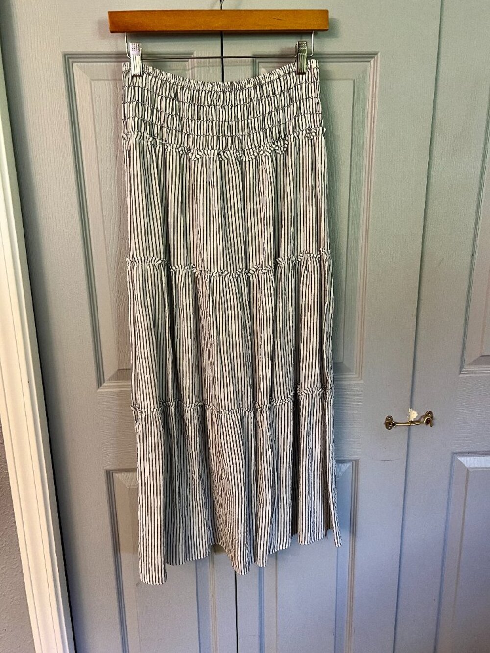 Max Studio London Pinstripe White and Blue Tiered Maxi Skirt